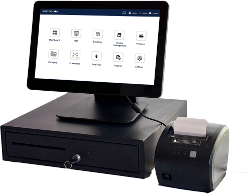 Proxima POS touchscreen terminal with cash drawer and receipt printer